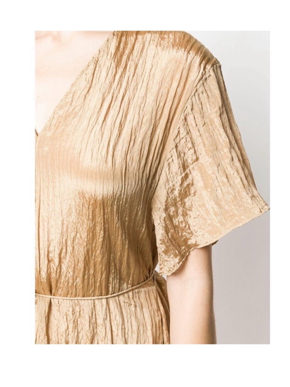 Vince Sun Khaki Midi Dress Tie Waist V Neck Minimalist Size L - Picture 2 of 5